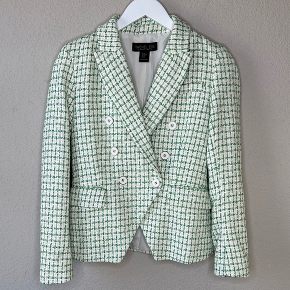 Rachel Zoe Green White Tweed Notch Collar Double Breasted Blazer Jacket Size XS - Picture 1 of 13